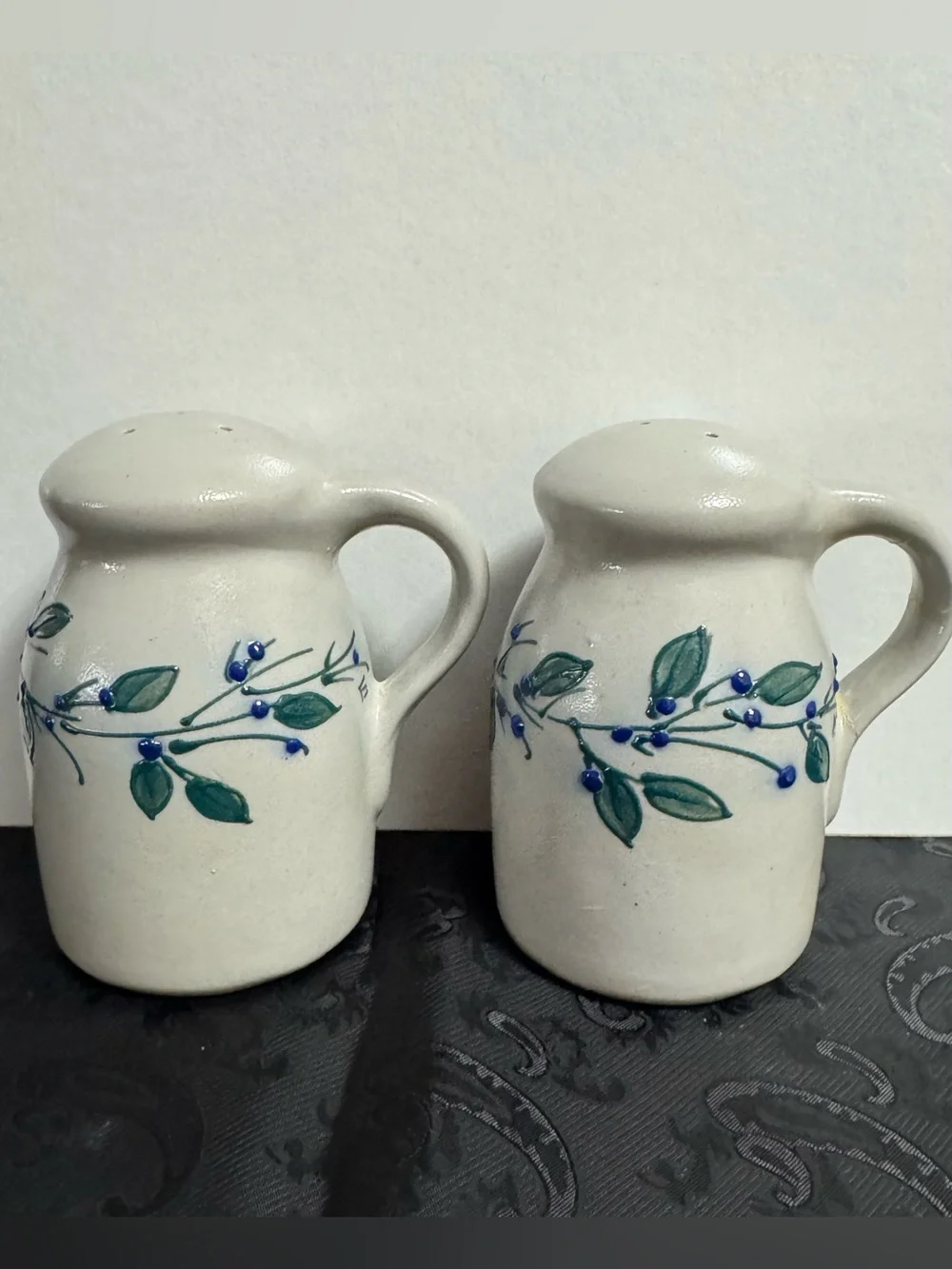 Salmon Falls Stoneware set of Salt & Pepper Shakers ~ Blueberry/Green Vine